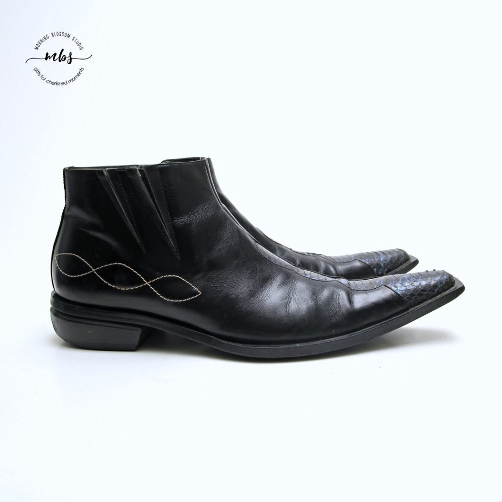 Juno Western Contrast Stitch Croc Pointed‎ Toe Side Zip Ankle Boots Black Men 9